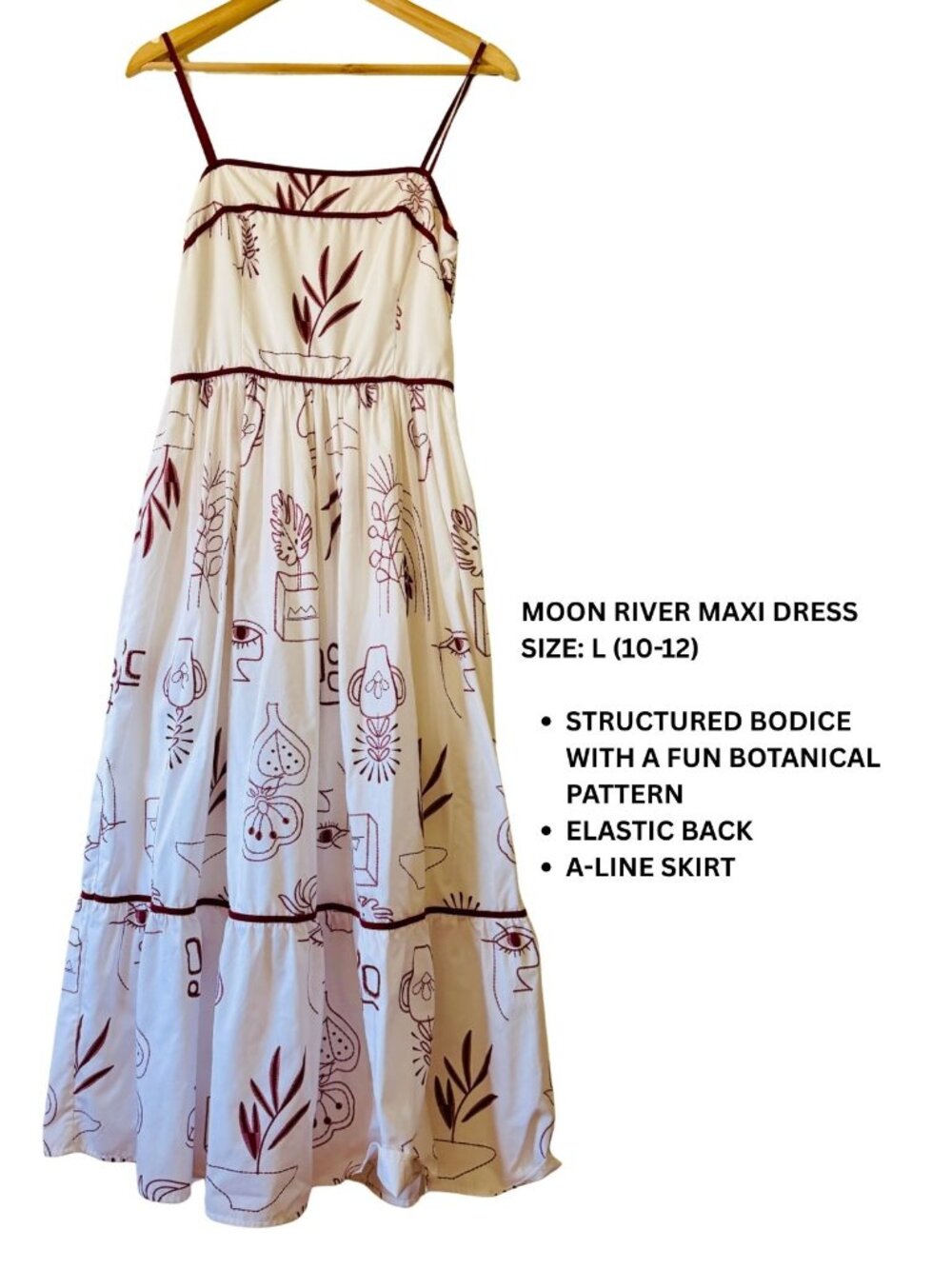 Moon River Cream Botanical Print Maxi Dress, Size Large (10-12)